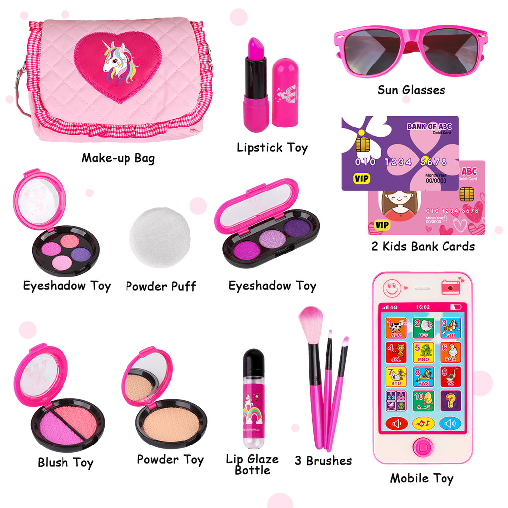 What's inside little girls handbag play set: Make-up bag, lipstick toy, sun glasses, eyeshadow toy, powder puff, eyeshadow toy,  kids bank cards, blush toy, powder toy, lip glaze bottle, 3 bushes and mobile toy