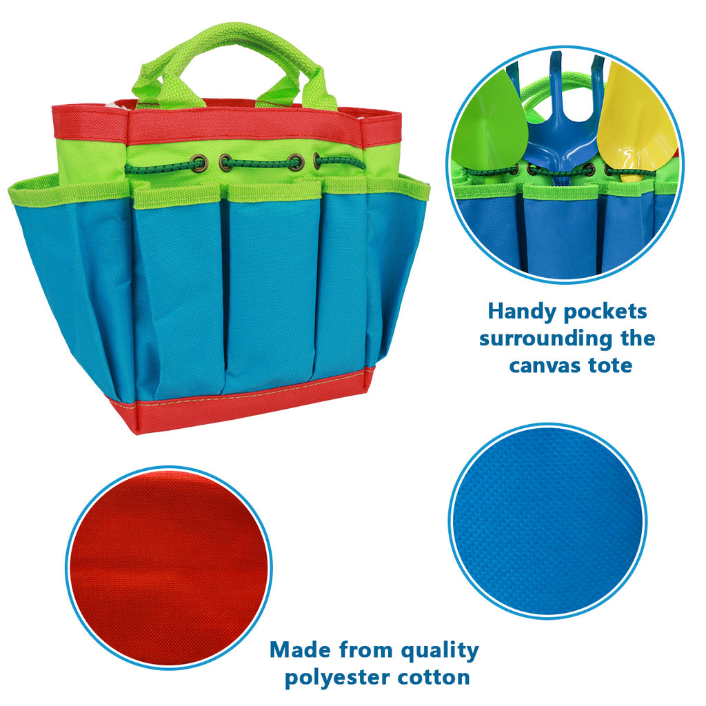 Kids Garden Tool Set with handy pockets surrounding the canvas tote and made from quality polyester cotton