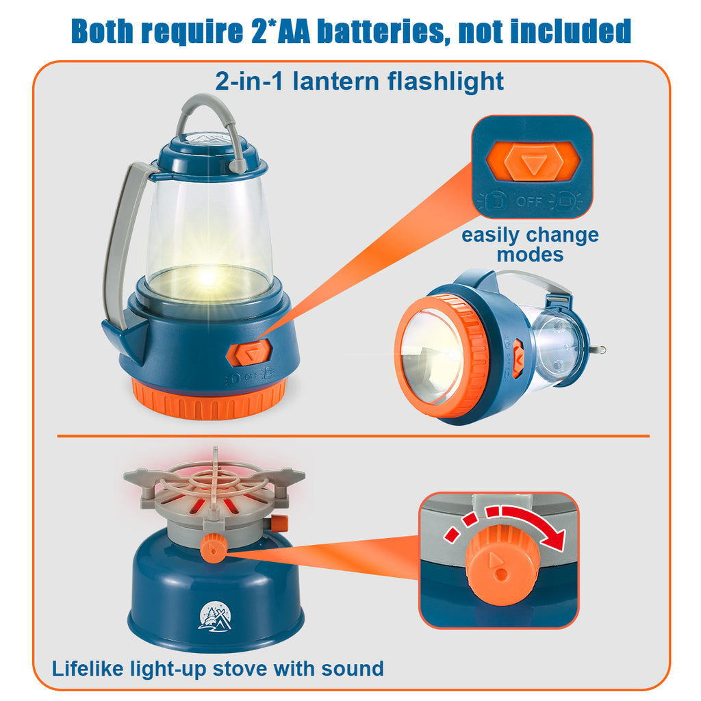 2-in-1 lantern flashlight in Kids Camping and Outdoors Set with Tent. It require 2*AA batteries, not included