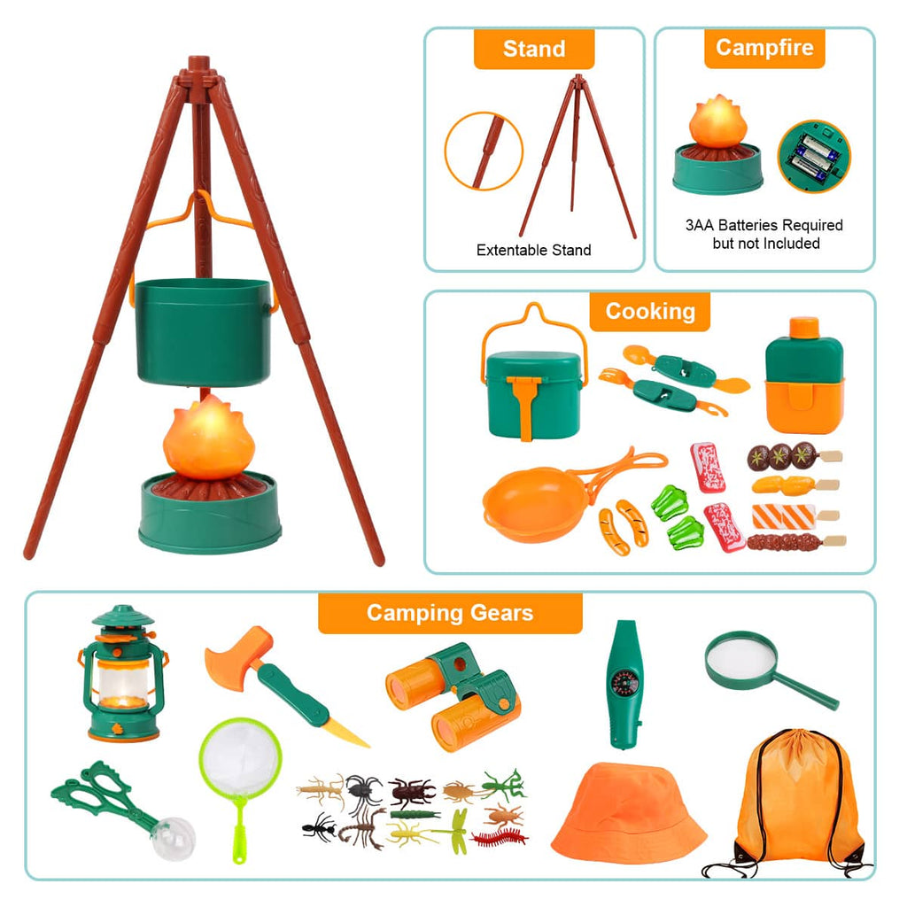 What you can find inside camping set with tent: Stand, Campfire, Cooking and Camping Gears