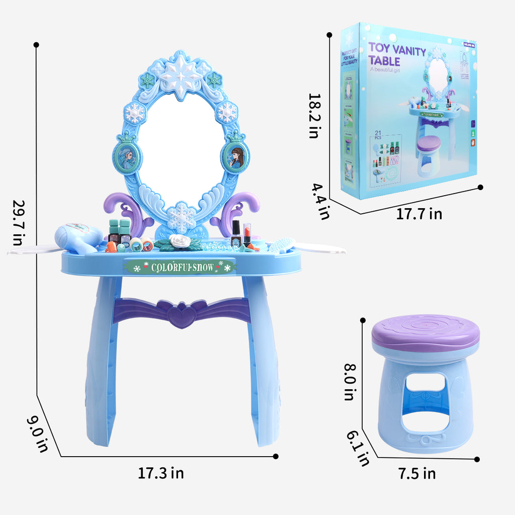 The dimensions of the little girls blue vanity set with lights & mirror