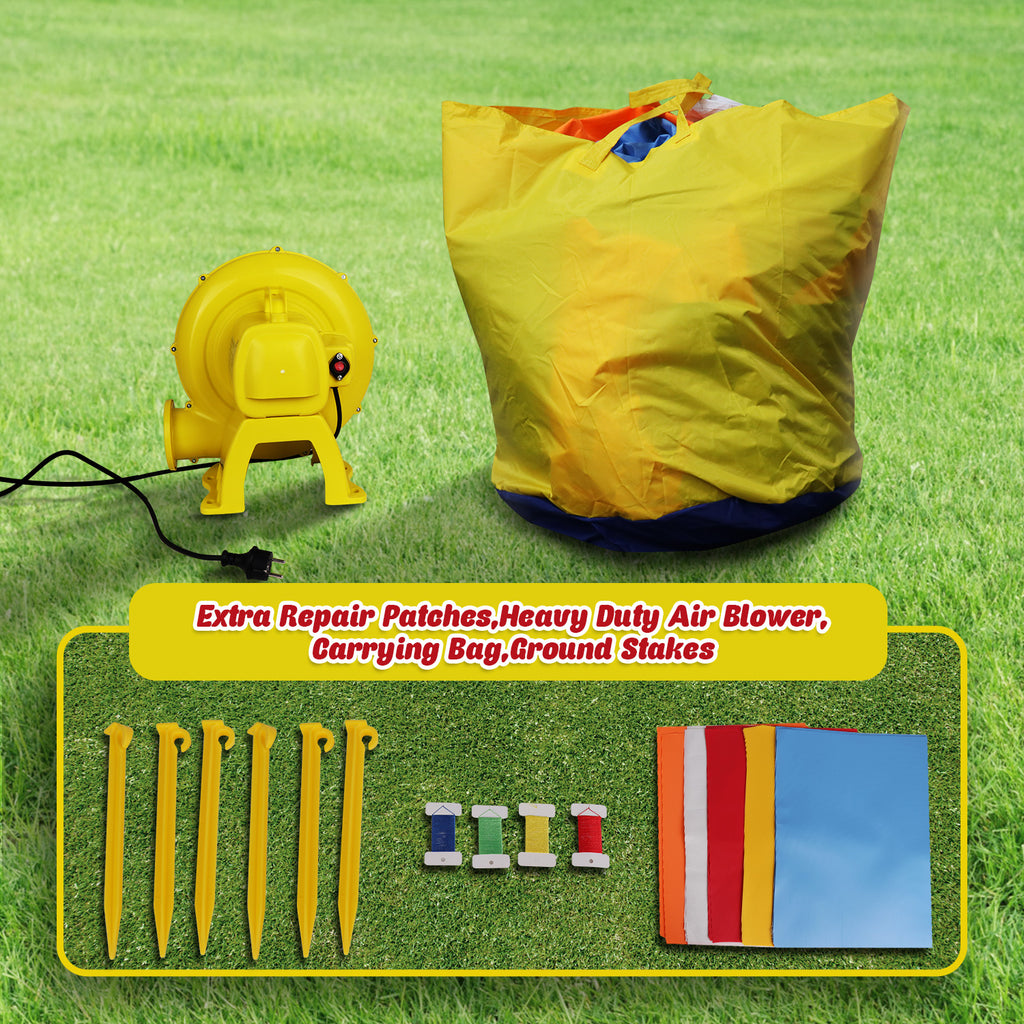 Extra repair patches, heavy duty air blower, carrying bag and ground stakes from the inflatable bounce house with heavy-duty blower and slide