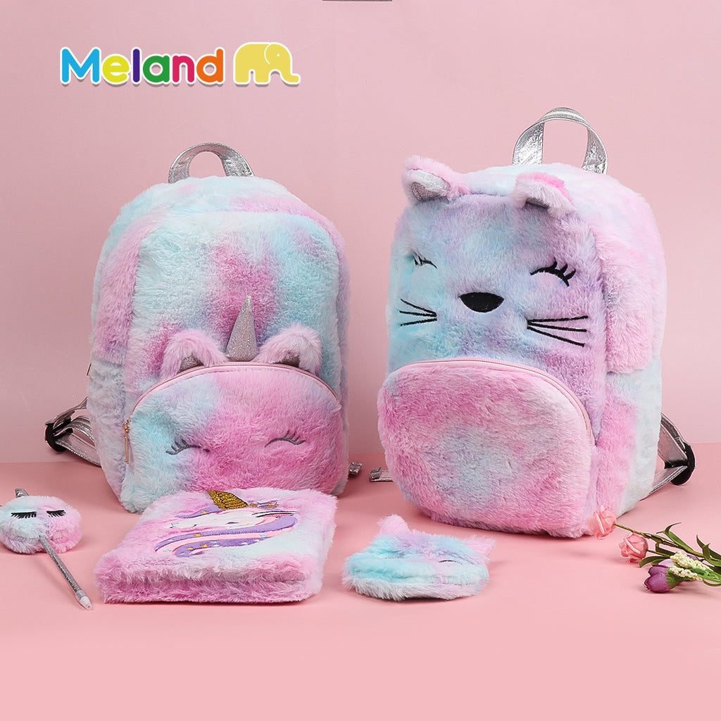 The two mini unicorn furry backpack