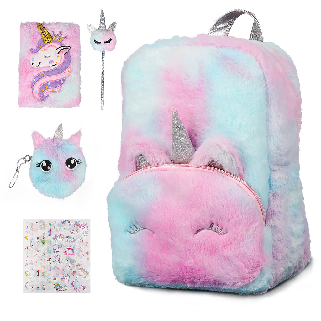 Mini Unicorn Furry Backpack Set Rainbow Colored for Kids - Meland unicorn kids backpack