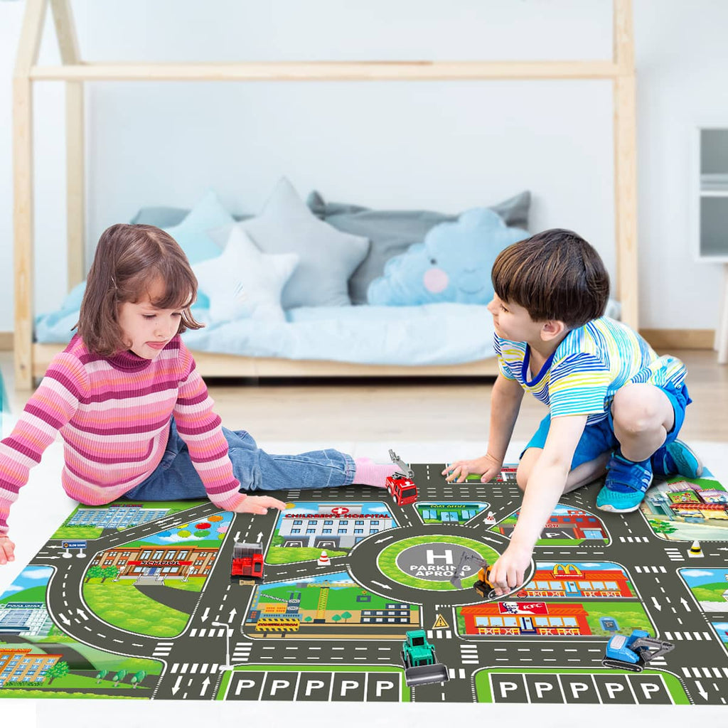 A boy and a girl playing with the construction toy trucks for toddlers