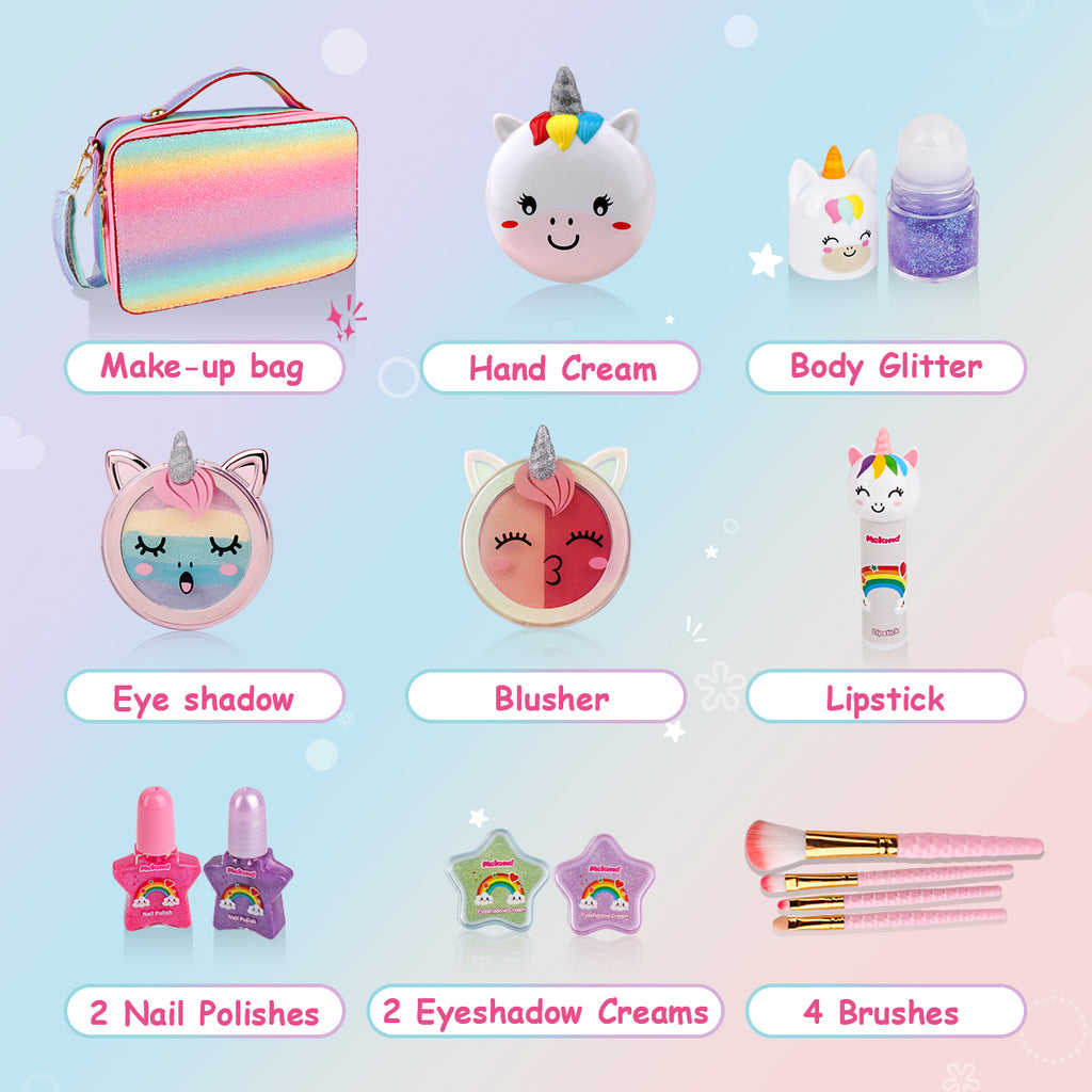 What's inside the unicorn makeup kit for kids with rainbow bag