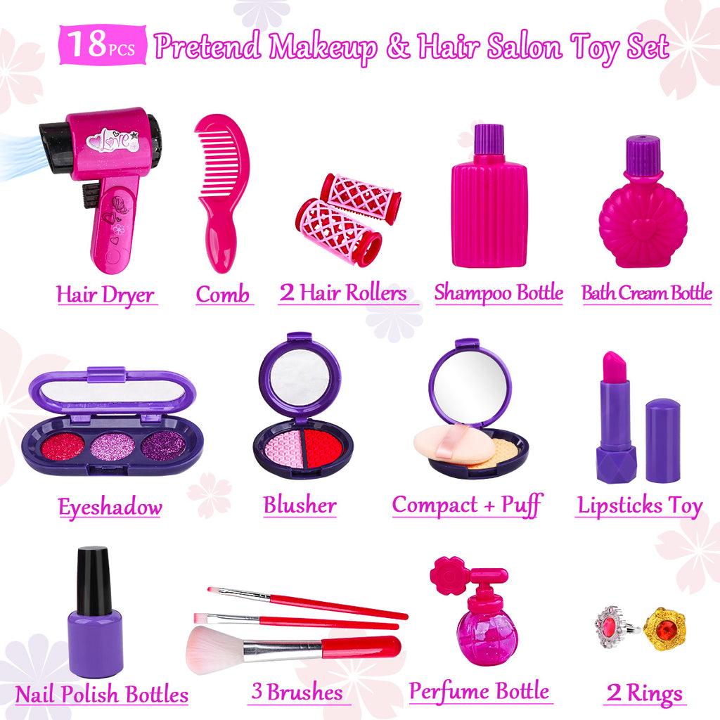18 pieces of the pretend makeup and hair salon toy set