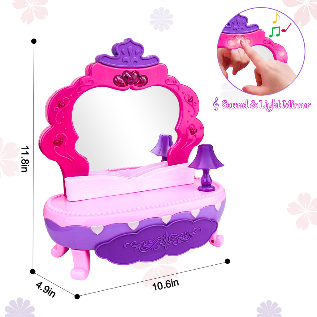 The dimension of the girls vanity play set: 11.8 inches x 4.9 inches and 10.6 inches