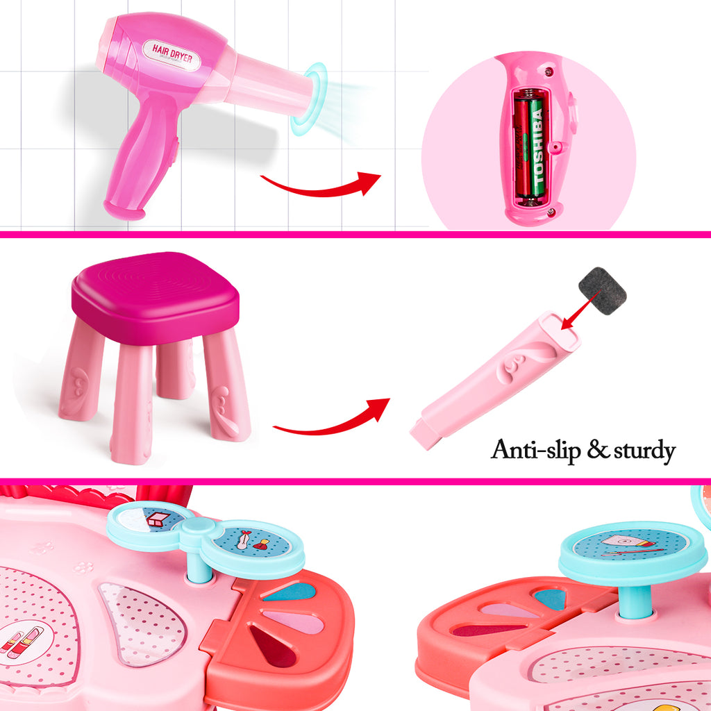 Toddler makeup vanity set with hair dryer, anti-slip & sturdy
