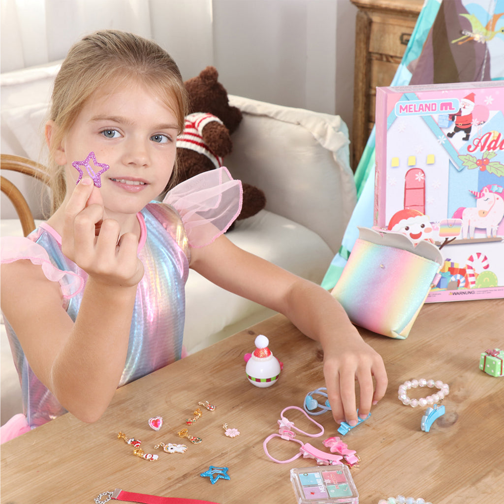 A girl playing with 2021 Christmas Advent Calendar for Girls - Meland Kids Advent Calendar