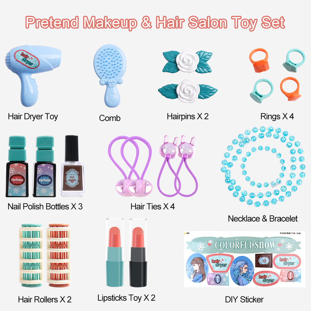 Pretend makeup & hair salon toy set with hair dryer toy, comb, hairpins, rings, nail polish bottles, hair ties, necklace & bracelet, hair rollers, lipsticks toy and diy sticker