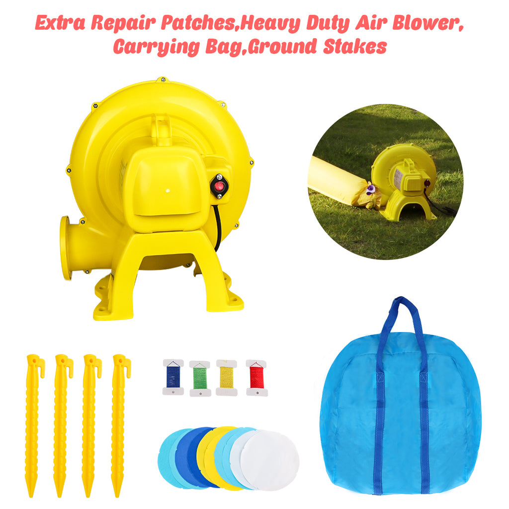 Extra repair patches, heavy duty air blower, carrying bag and ground stakes
