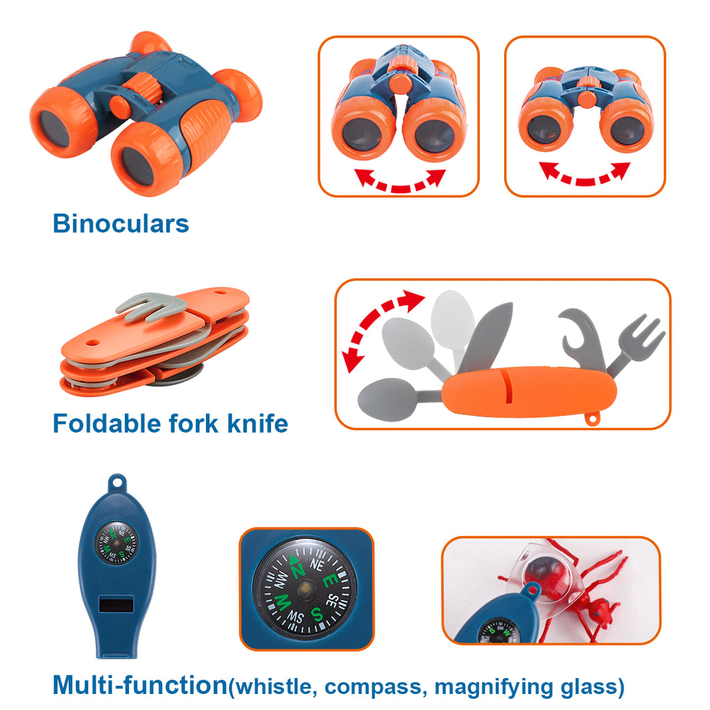 Binoculars, foldable fork knife and multi-function (whistle, compass, magnifying glass)