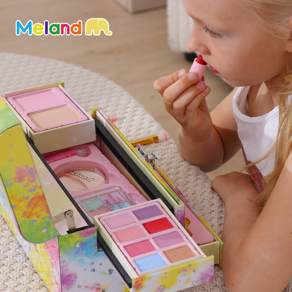 A girl using lipstick from the makeup case