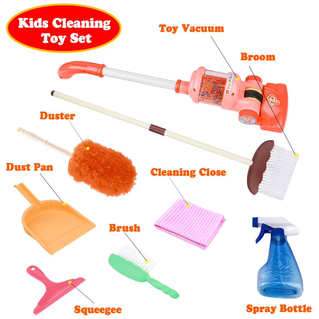 Kids cleaning toy set with toy vacuum, broom, duster, dust pan, brush, squeegee, cleaning close and spray bottle