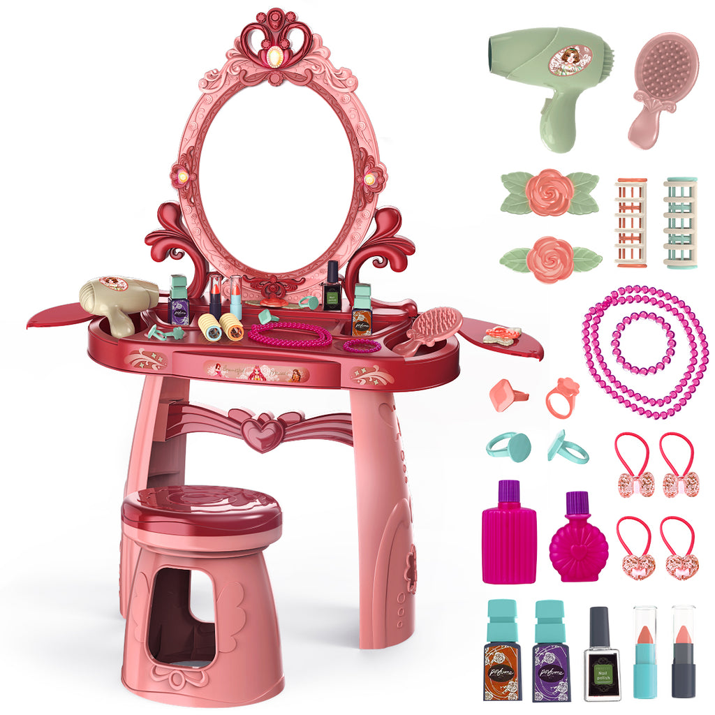 Pink Vanity Set With Lights & Mirror - Meland Dress-Up Toy Vanities