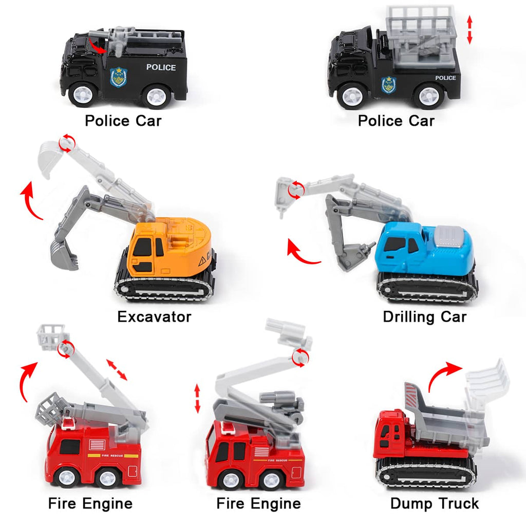 What's inside Construction toy trucks, with Police car, excavator, drilling car, fire engine and dump trucks