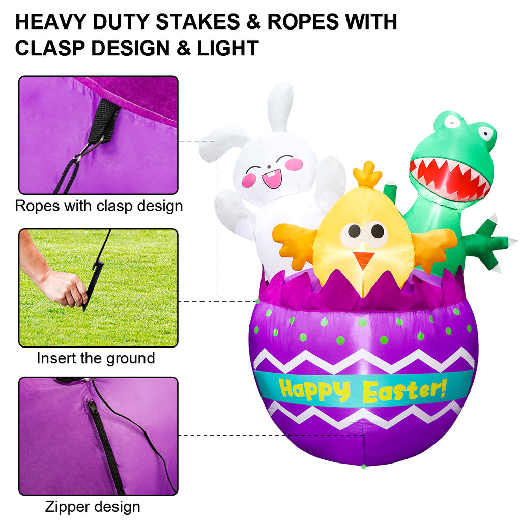 6Ft Inflatable Easter Egg Yard Decoration and Heavy duty stakes & ropes with clasp design & light