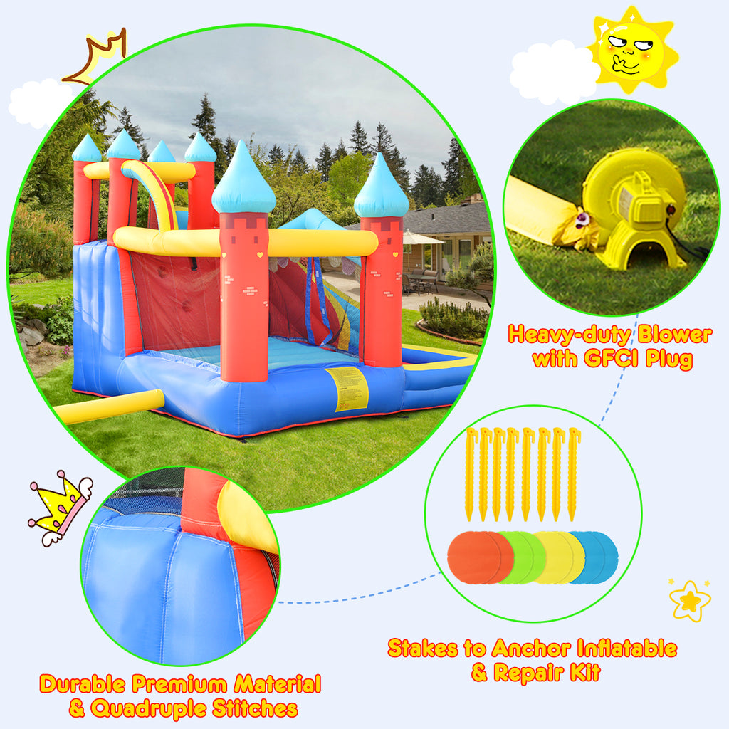 Some details about the inflatable bouncy for kids: Durable Premium Material & Quadruple Stitches and Stakes to anchor inflatable & repair kit