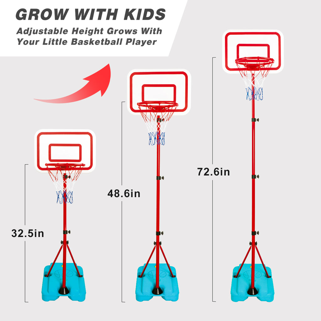 Kids Basketball Hoop & Stand is adjustable and can grow with your kids from 32.5 inches until 72.6 inches long