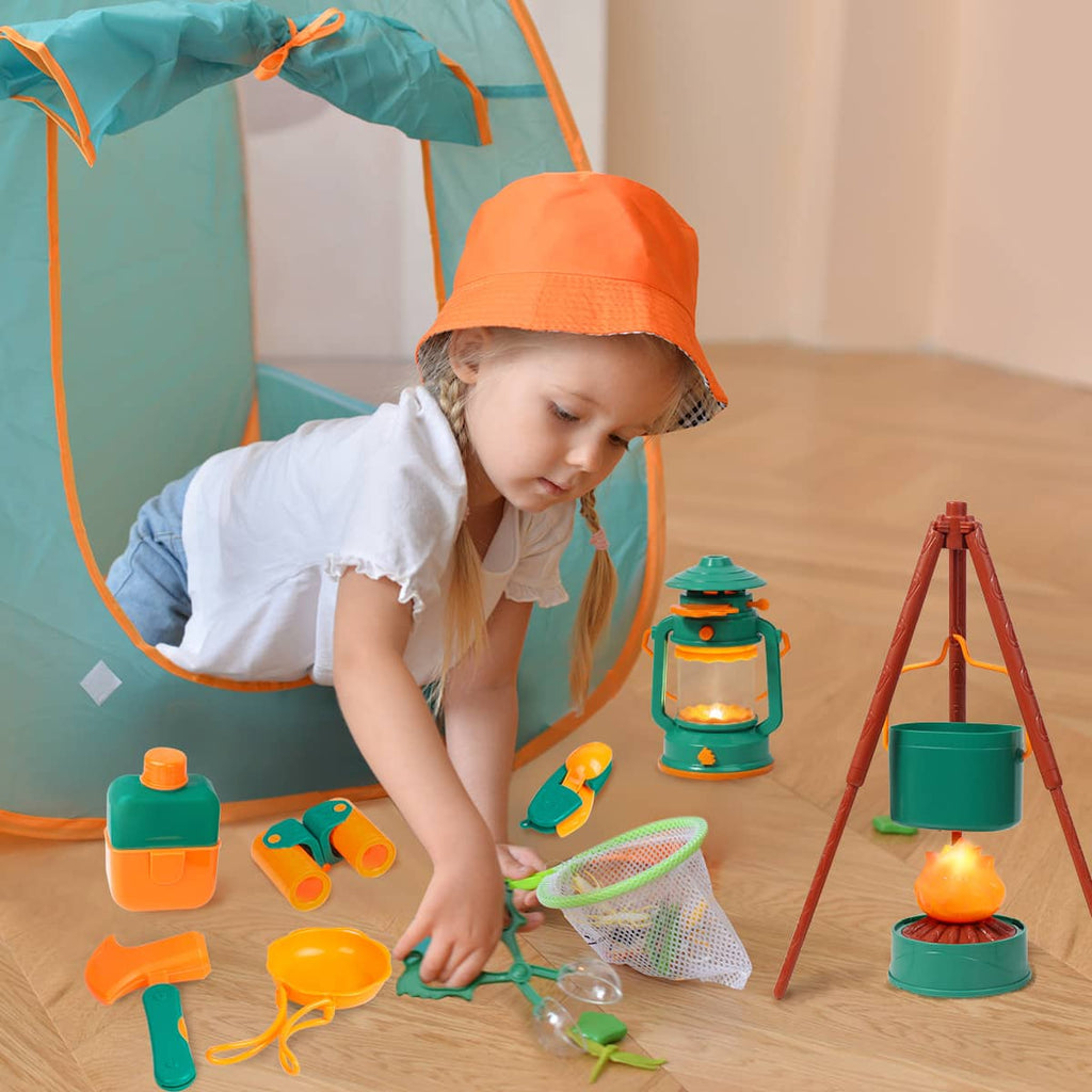 A girl playing with Kids camping set from Meland