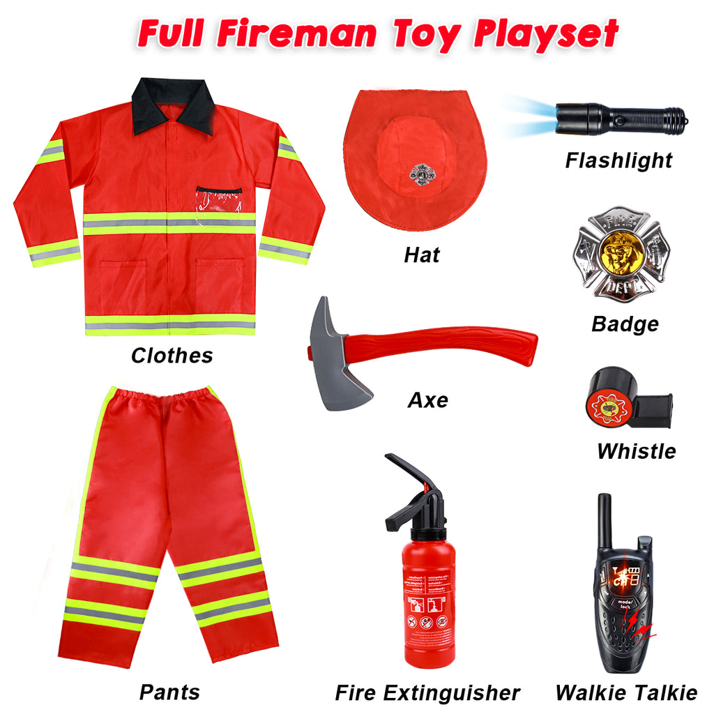 The full fireman toy playset with clothes, pants, hat, axe, fire extinguisher, flashlight, badge, whistle and walkie talkie