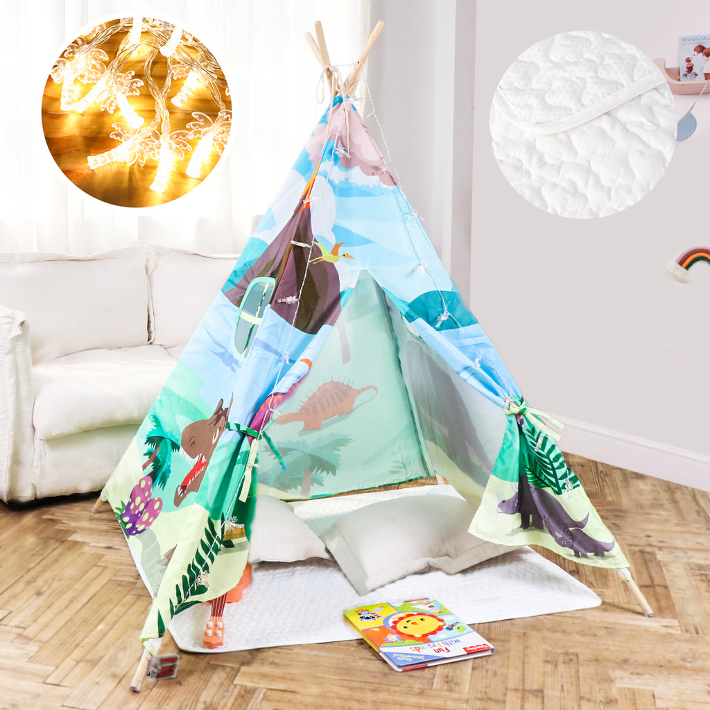 This image shows how much space the Dinosaur Teepee Play Tent for Kids can take inside your house