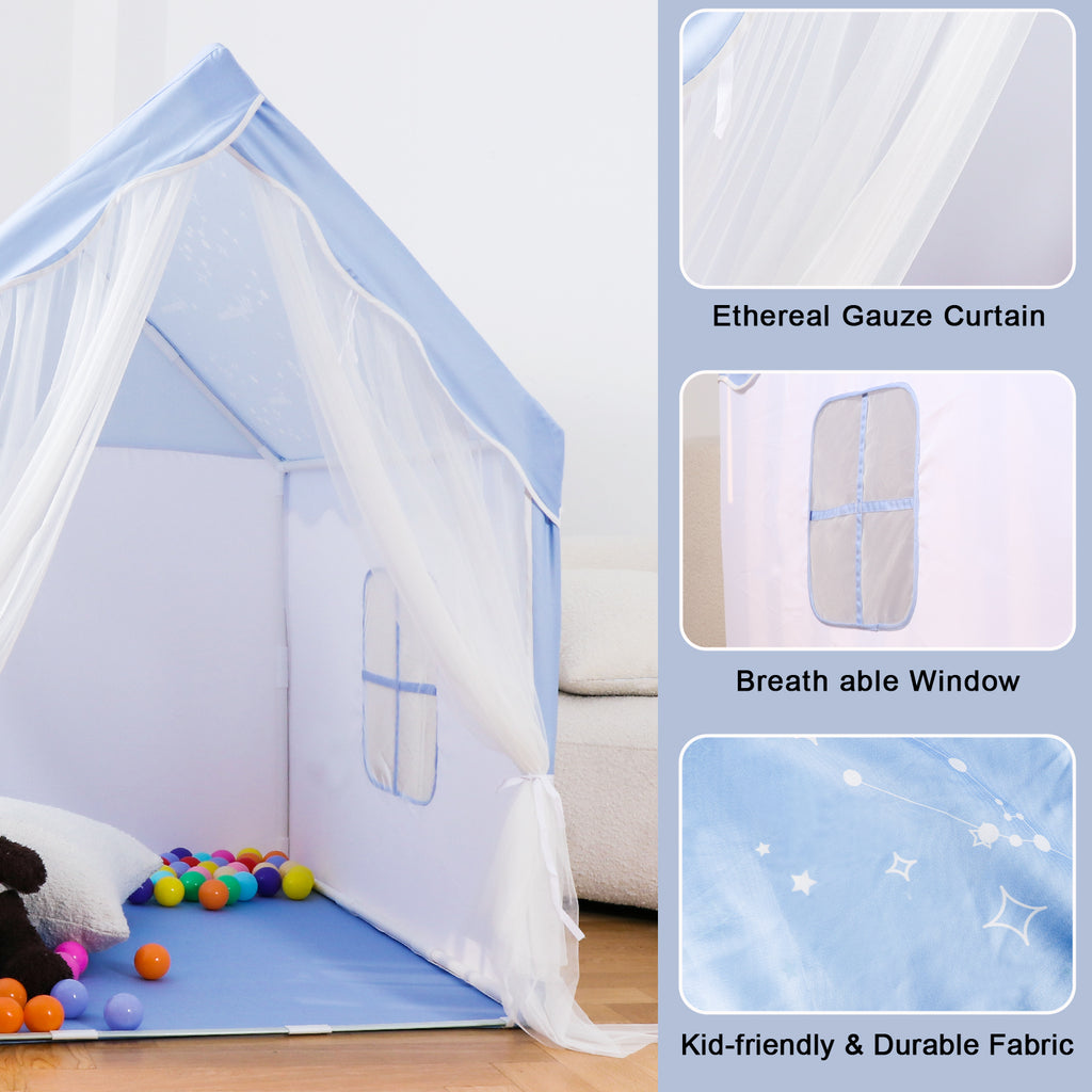 Some details about the play tent light blue starry theme, with ethereal gauze curtain, breath able window and kid-friendly & durable fabric