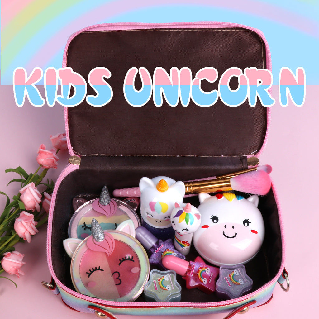 The rainbow bag with the whole unicorn makeup kit inside