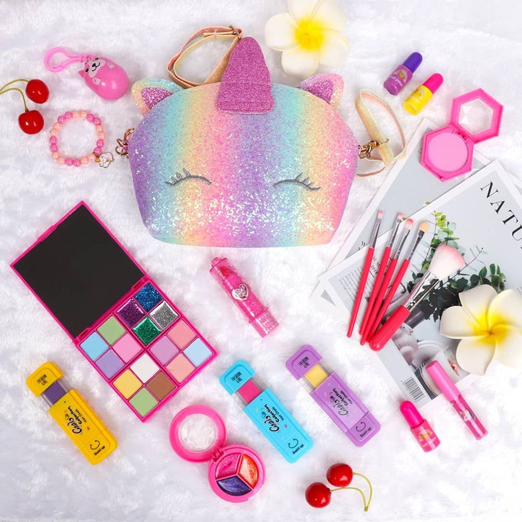 What's inside the kids washable makeup set with unicorn bag