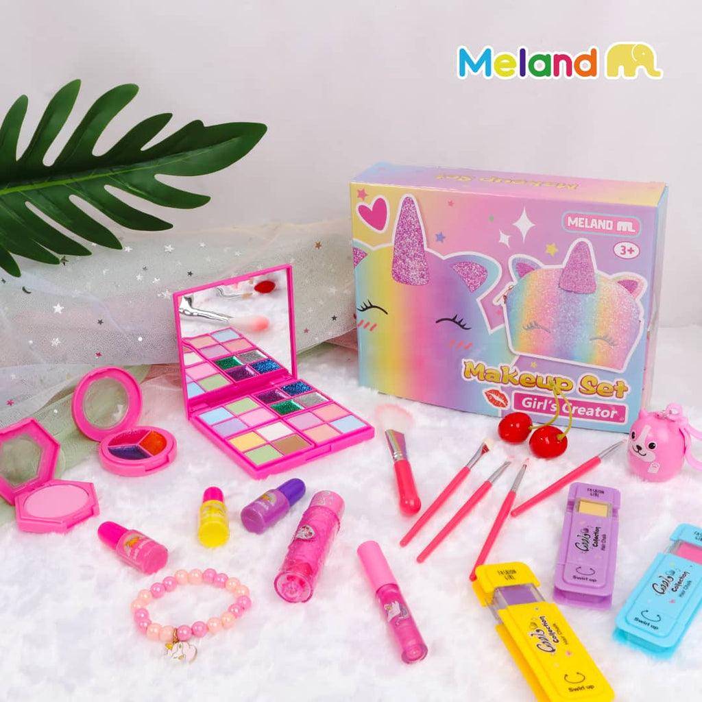 The box and more details about kids washable makeup set with unicorn bag