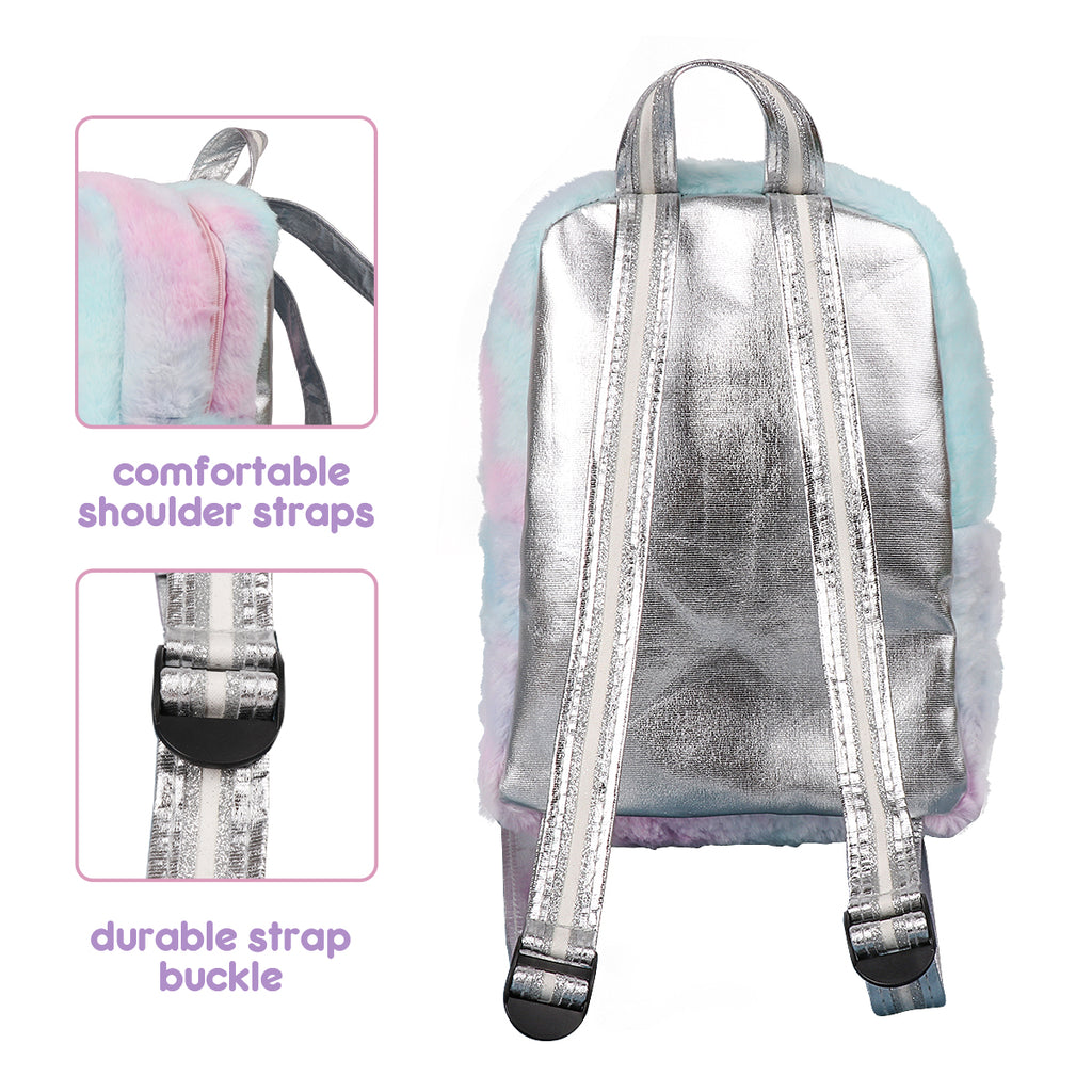 The mini unicorn furry backpack has comfortable shoulder straps and durable strap buckle