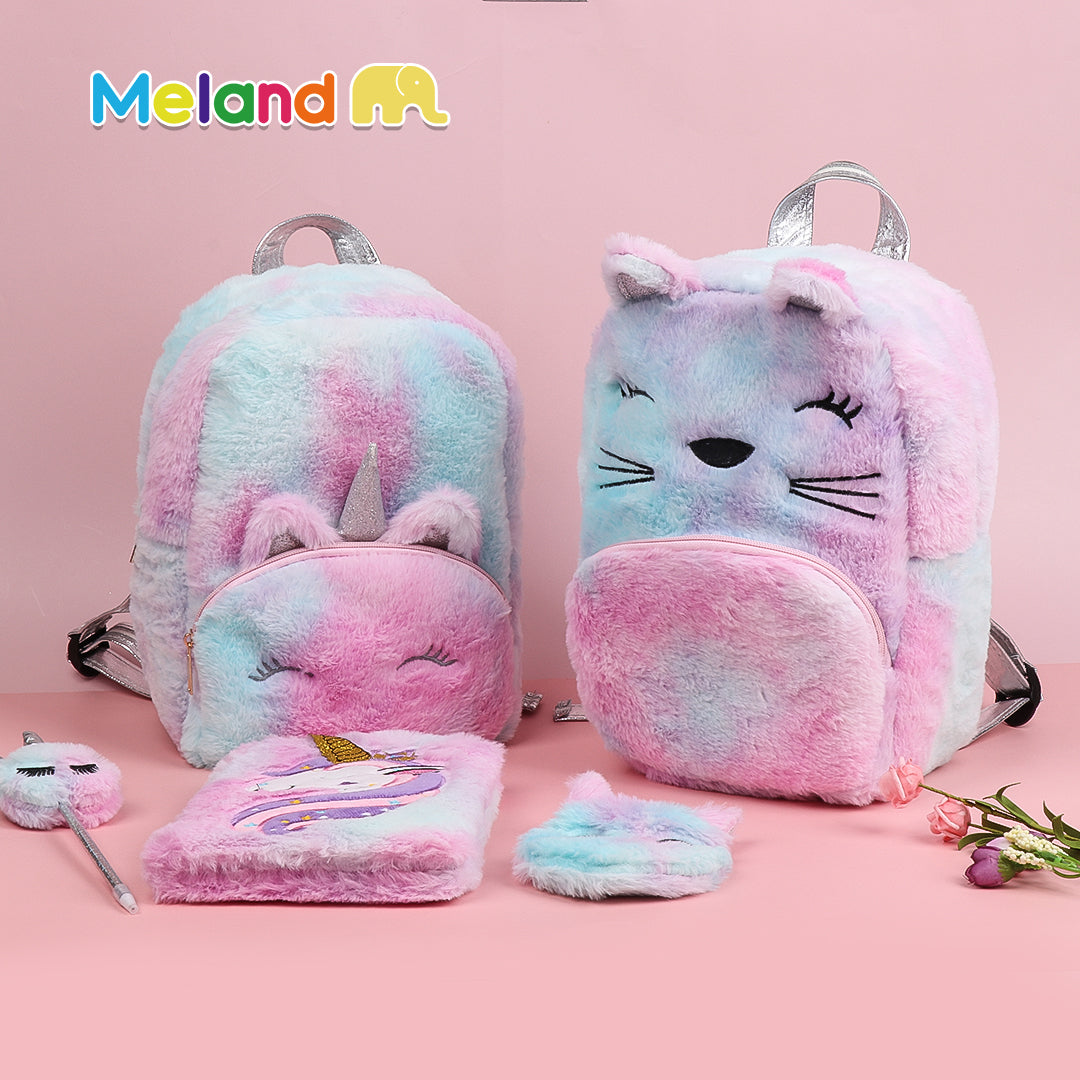 Mini Unicorn Furry Backpack Set Rainbow Colored for Kids Kitty Cat