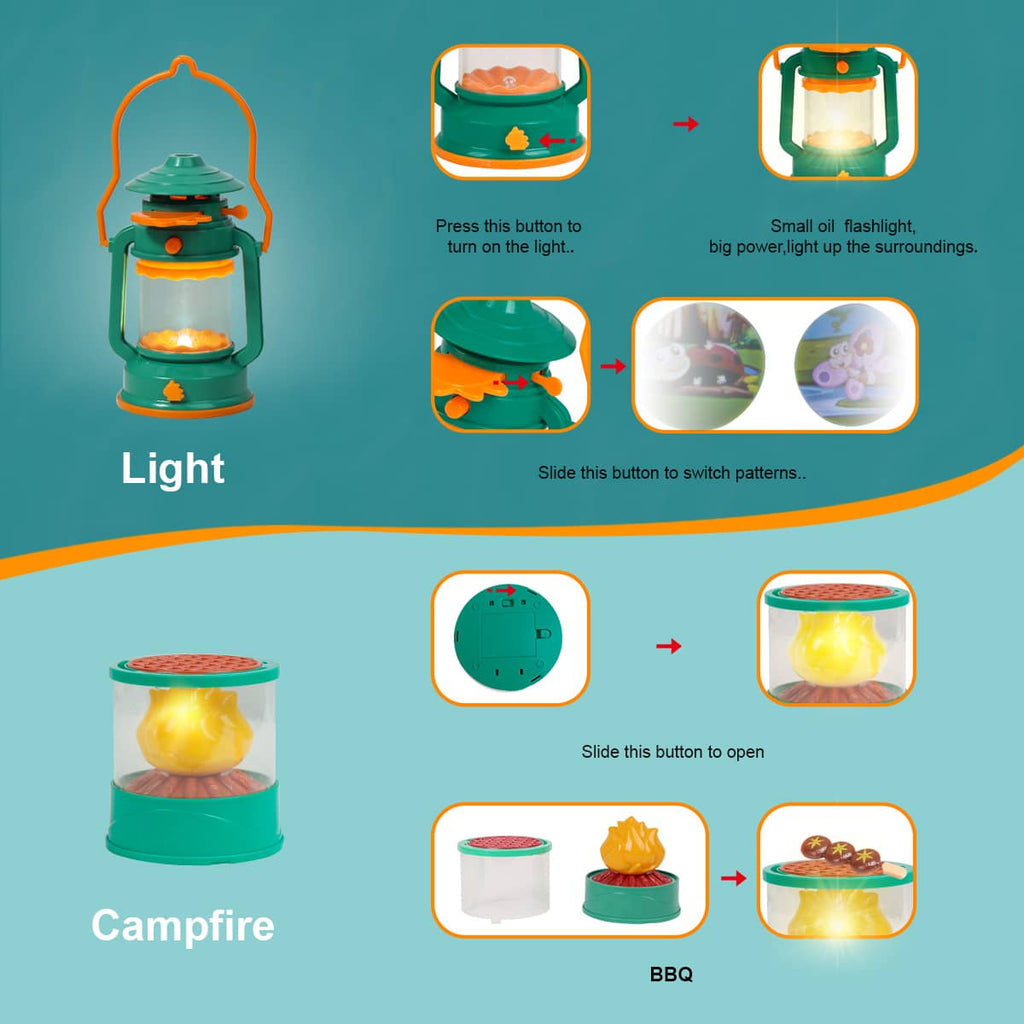 A close-up image with detail about light and campfire from Kids camping set with tent