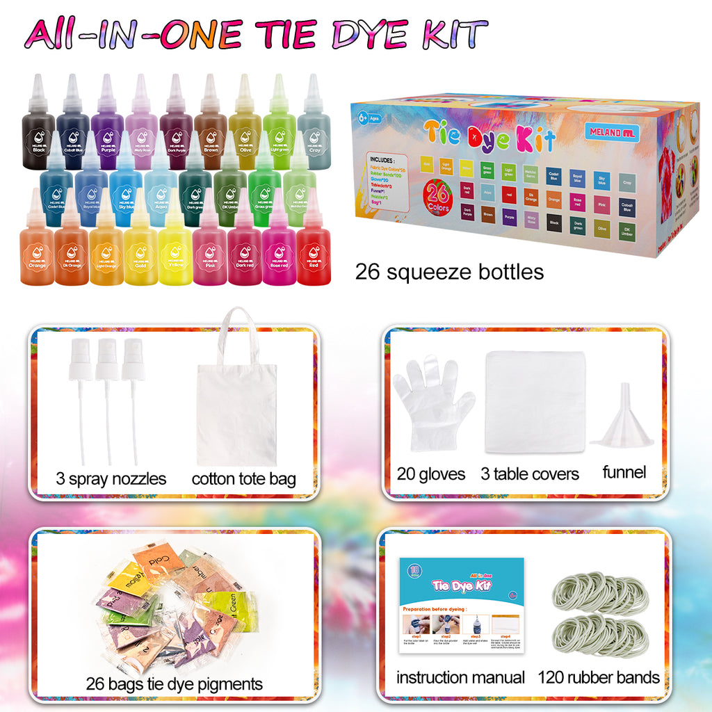 All in one tie dye kit with 26 squeeze bottles, 3 spray nozzles, cotton tote bag, 20 gloves, 3 table covers, funnel and more