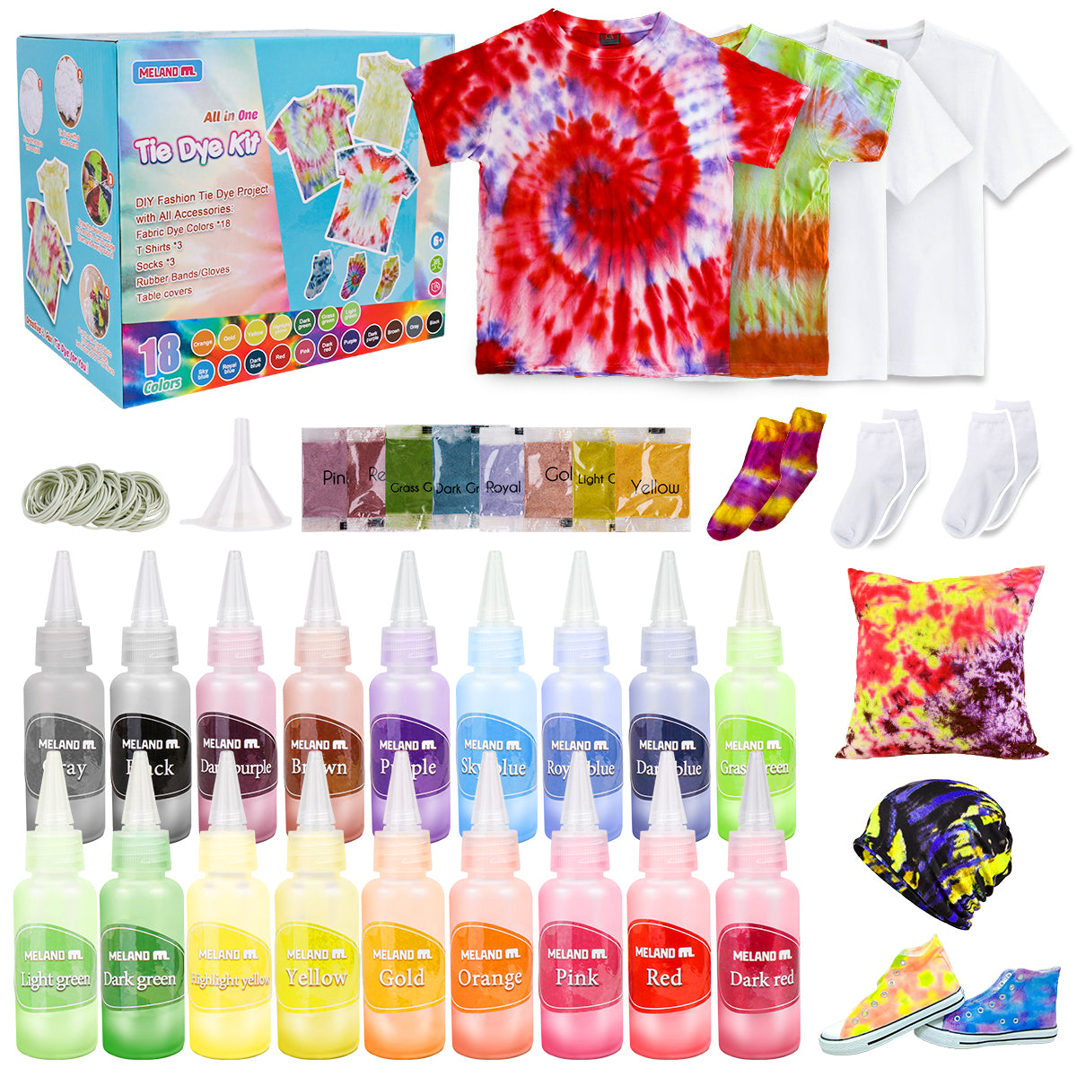Meland Tie Dye Kit with 3 White T-Shirts, 18 Colors DIY Fabric Tye Dye for  Clothes, Arts and Craft for Kids Girls Age 8-12 Year Old, Birthday