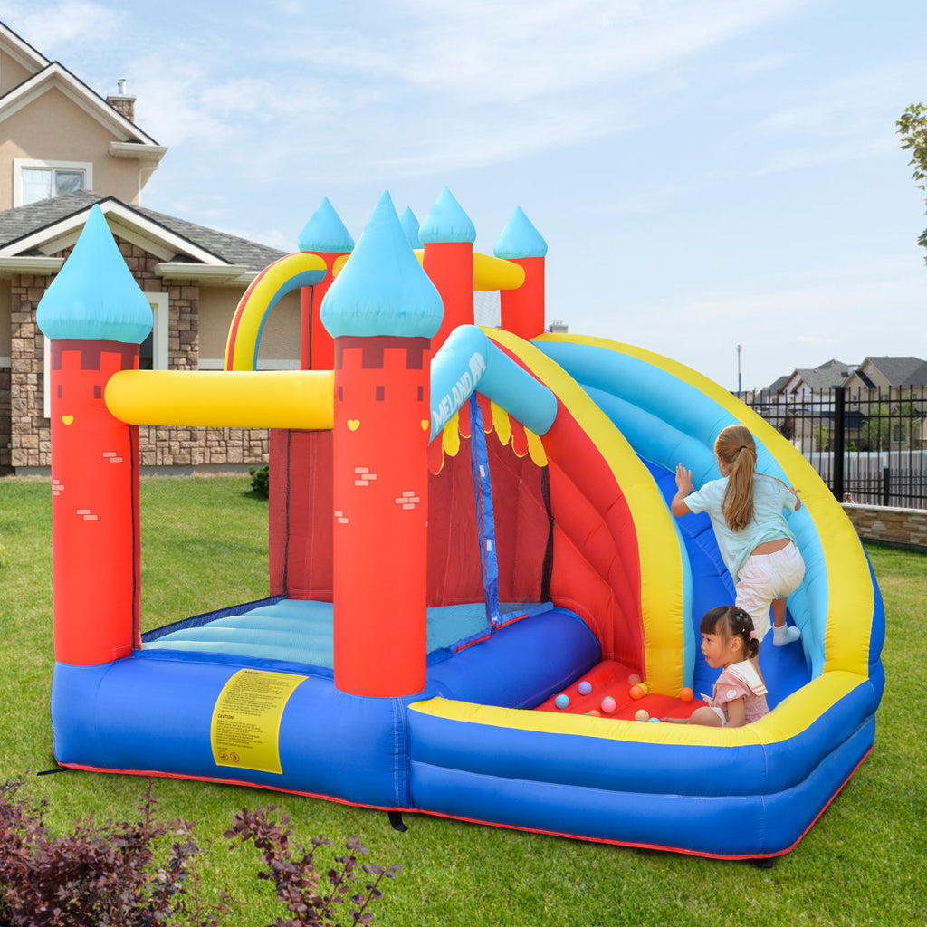 Kids playing with the kids inflatable giant bounce house with long slide and blower
