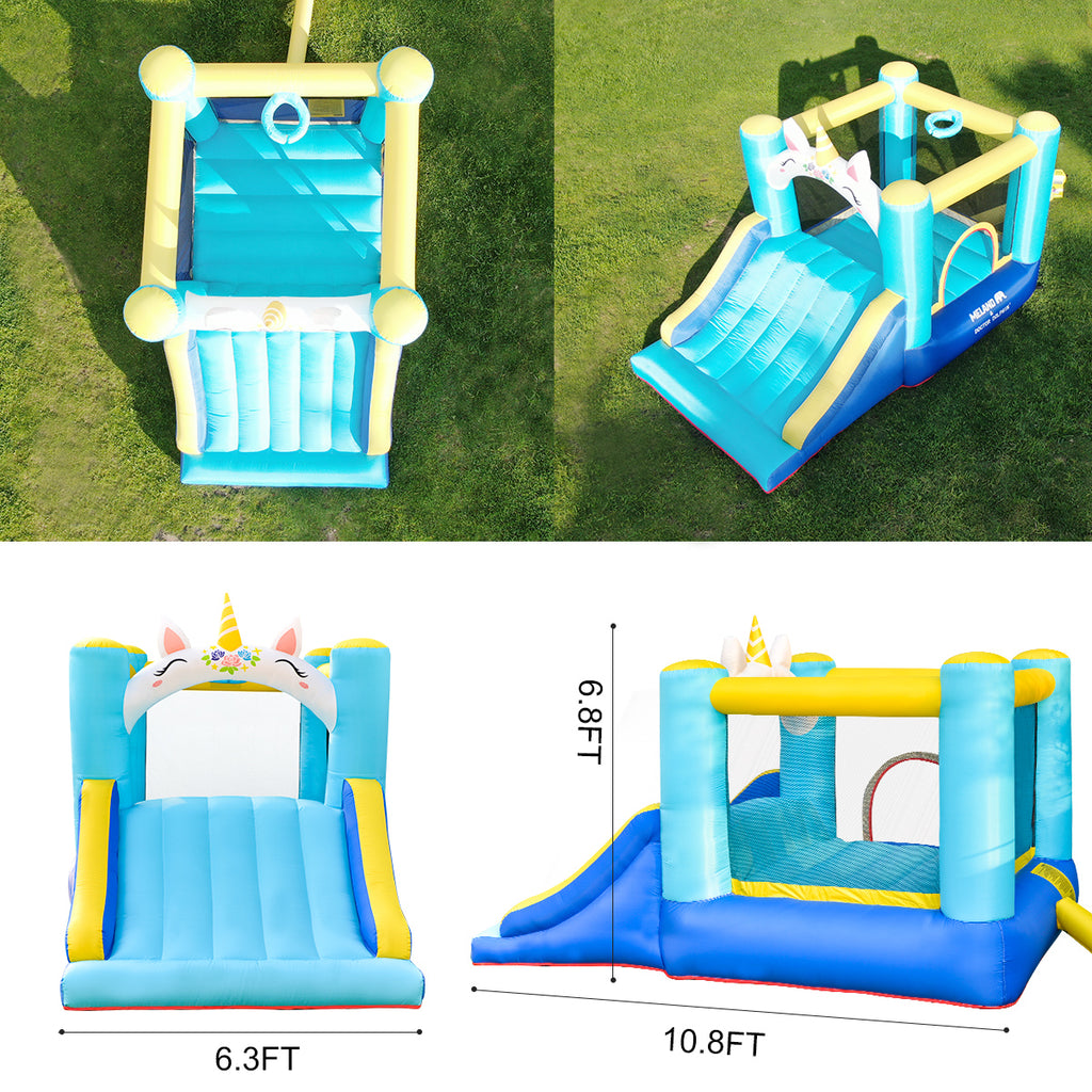 More details and dimensions of the inflatable unicorn bounce house with blower and slide
